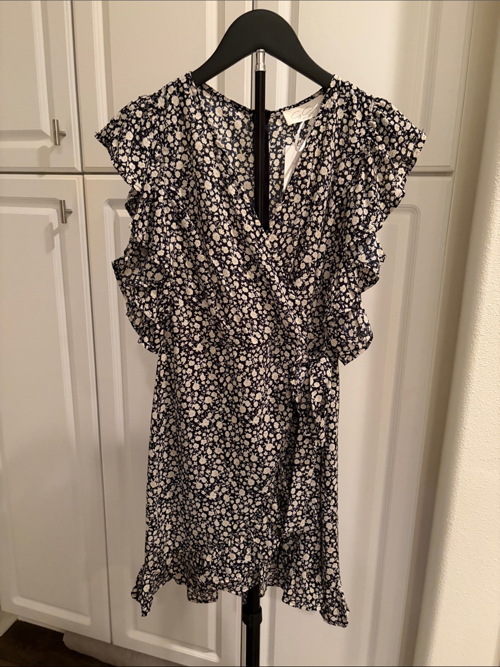Black Floral Wrap Ruffled Dress